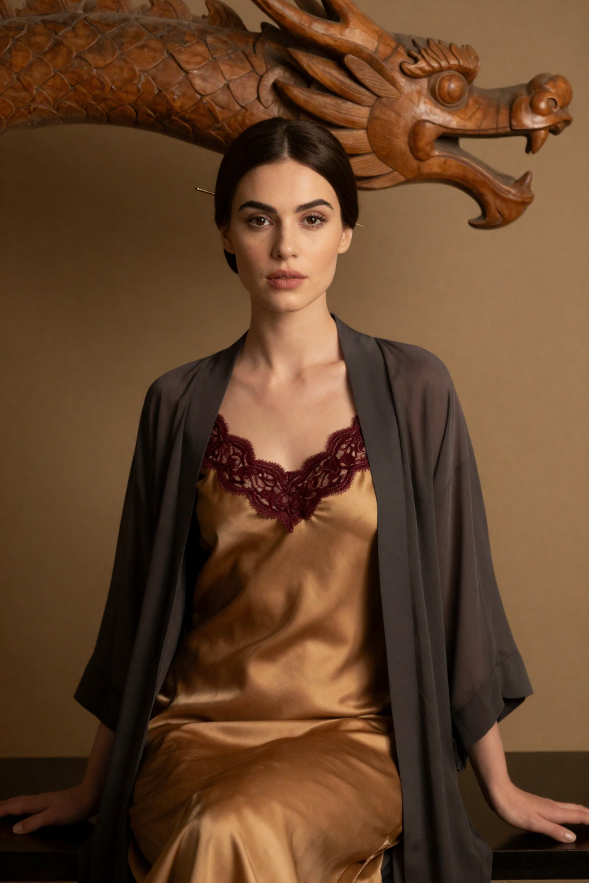 Fictional 29-year-old woman, dark chestnut hair in a smooth low chignon held with a plain gold